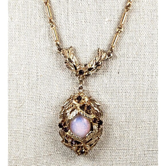 Vintage Victorian Fire Opal & Purple Rhinestone Goldtone 15" Chocker Necklace - Picture 9 of 16
